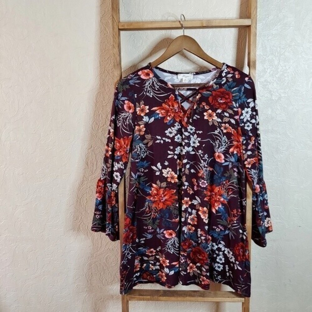 Misia purple floral bell sleeve Mini Dress Or Tunic Top Sz medium
